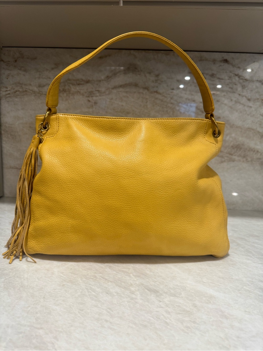 HOBO The Original Mustard Yellow Pebbled Leather Hobo Shoulder Bag Tassel
